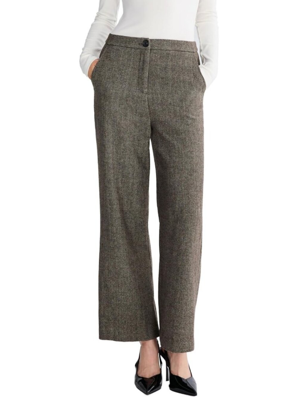 Chic Women's High Waist Straight Leg Herringbone Dress Pants - Wool Blend